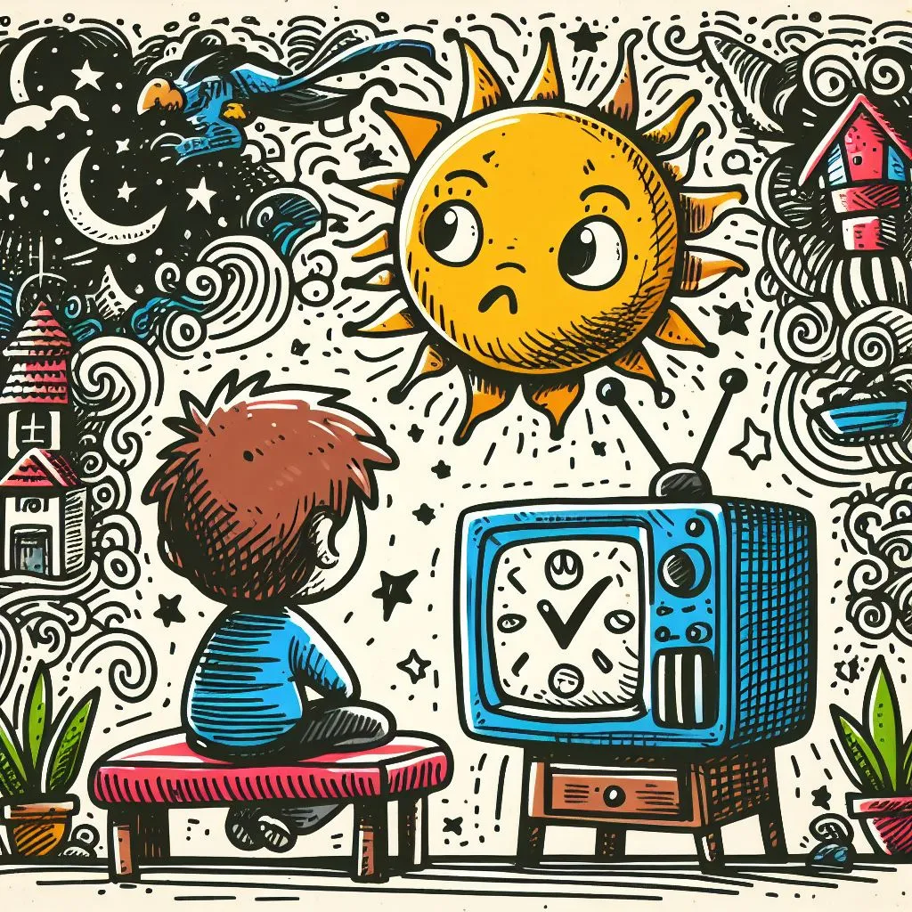 A cartoon image of a child watching TV on their own.